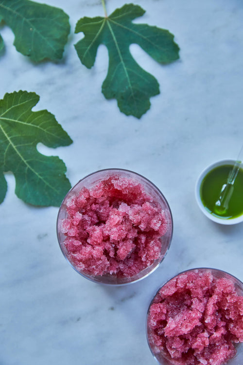 Mānuka Honey, Hibiscus and Fig Leaf Granita with Basil Oil Drizzle