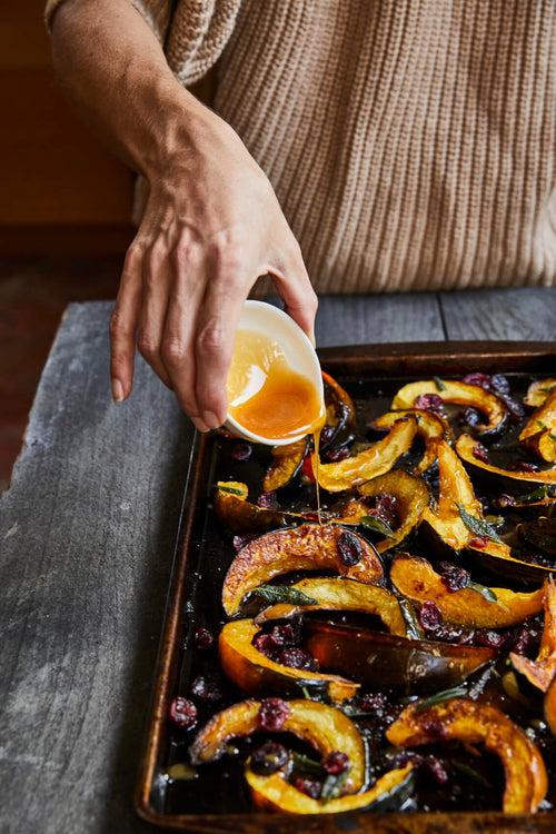 Roasted Acorn Squash with Mānuka Honey, Cranberries and Sage